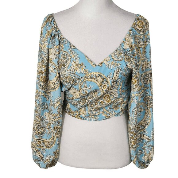 Karma Highway Tops - Karma Highway Blue Cream Crop Top with Full Sleeves and Tie Waist One Size